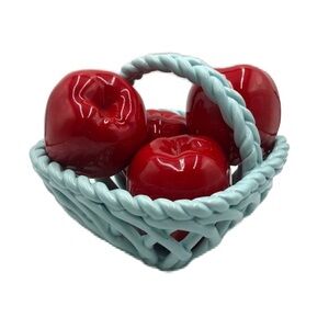 Grace's Pantry Light Blue Hand Woven Ceramic Basket With 4 Faux Apples